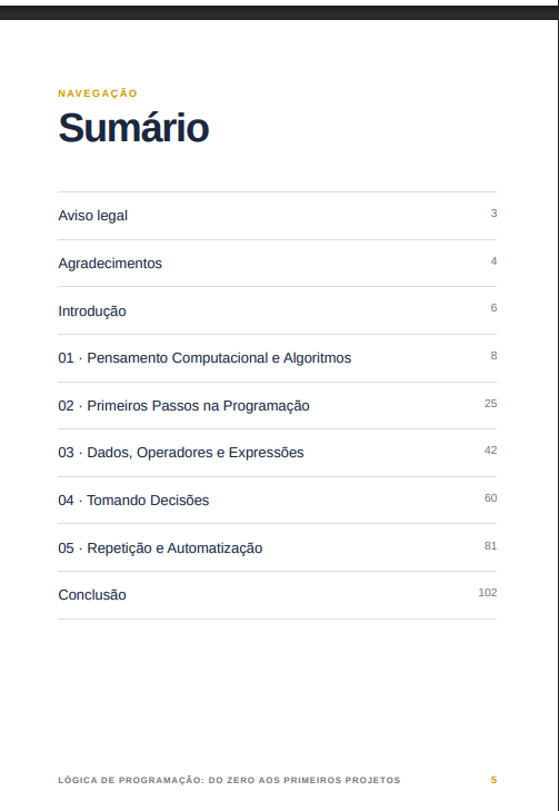 Página do sumário do eBook Lógica de Programação: Do Zero aos Primeiros Projetos