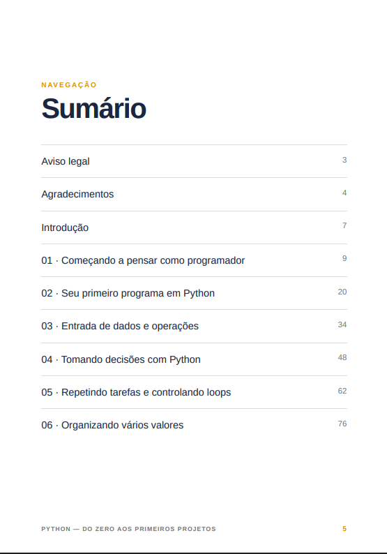 Página do sumário do eBook Python do Zero