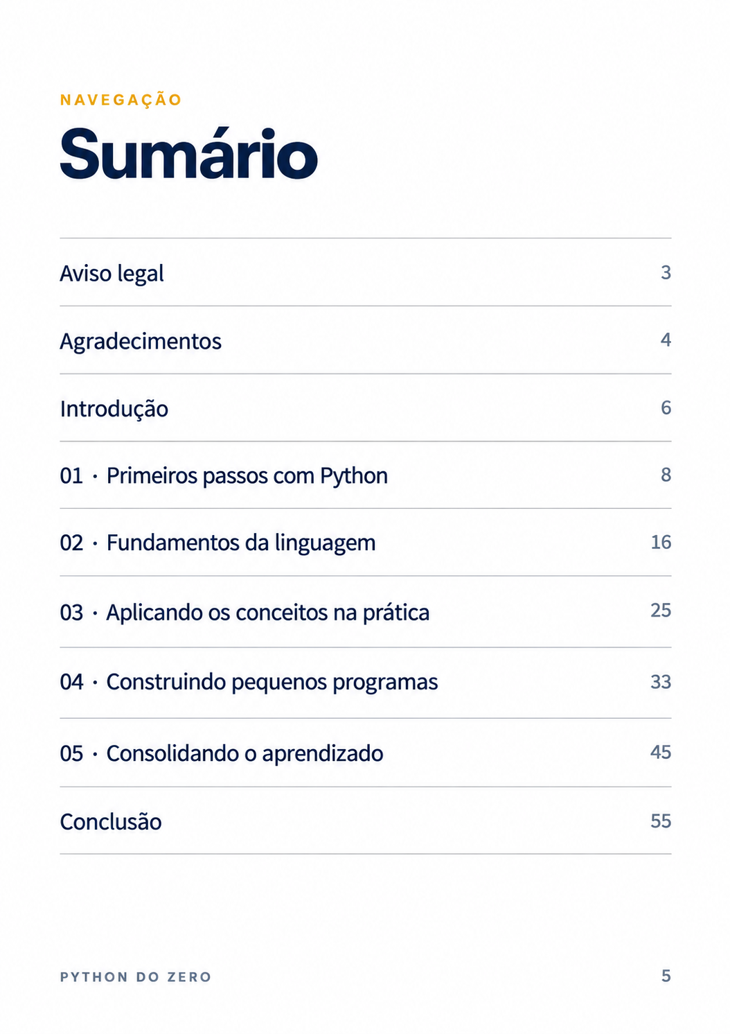 Página do sumário do eBook Python do Zero